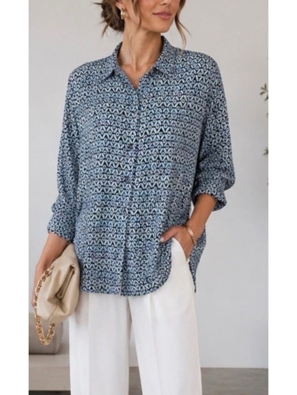 NWT Chico's Boxy Buttondown Dolman Collared Shirt Tiles Pattern Size S